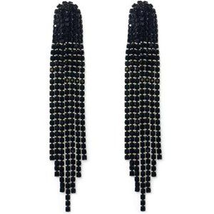 Black Earrings Large Tassel Dangle Earrings Crystal Rhinestone Clip On Earrings